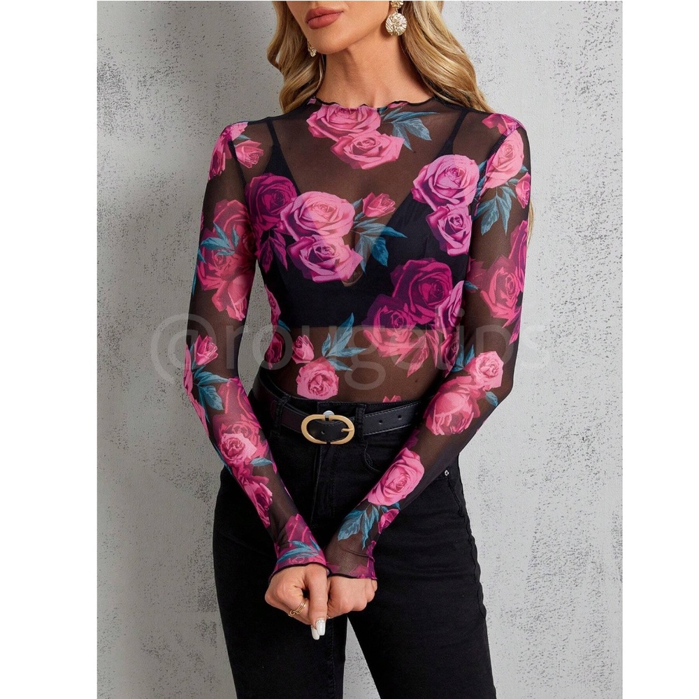 Black Lettuce Trim Long Sleeve Mesh Top Shirt Pink Roses Floral Print - Picture 3 of 8